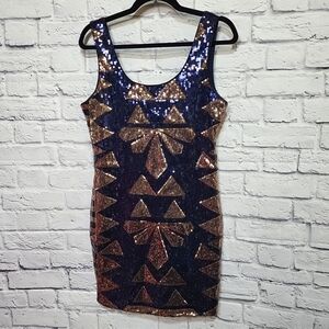 Charlotte Russe Large‎ Sequined Blue Gold Sleeveless Party Cocktail Dress Prom